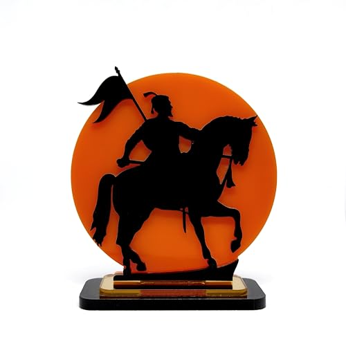 Image of Chatrapati Shivaji Maharaj Acrylic Idol | Decorative Table Showpiece with Orange Background & Silhouette Design | Car, Home, Office & Gift Decor, 4 Inch