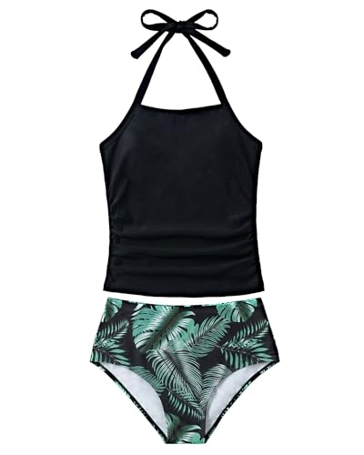 Image of YOURUIKEY Girls Tankini Swimsuit 2 Piece Halterneck Bathing Suit Adjustable Straps and Removable Bra for Girls and Teen 7-16Y