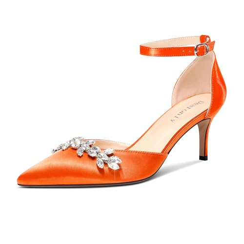 DearOnly Womens Stiletto Mid Heel Pointed Toe Ankle Strap Pumps Rhinestone Kitten Heels Adjustable Buckle Wedding Dress Satin Shoes 2.4 Inches Heels
