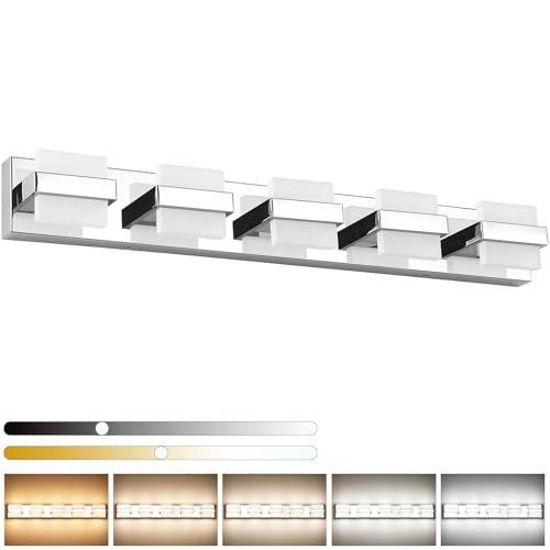 Image of SOLFART Chrome Bathroom Light Fixture, 5 Light LED Vanity Lights Over Mirror, Lights for Bathrooms,5 Color Temperature Adjustable Vanity Lights for Bath Nickel