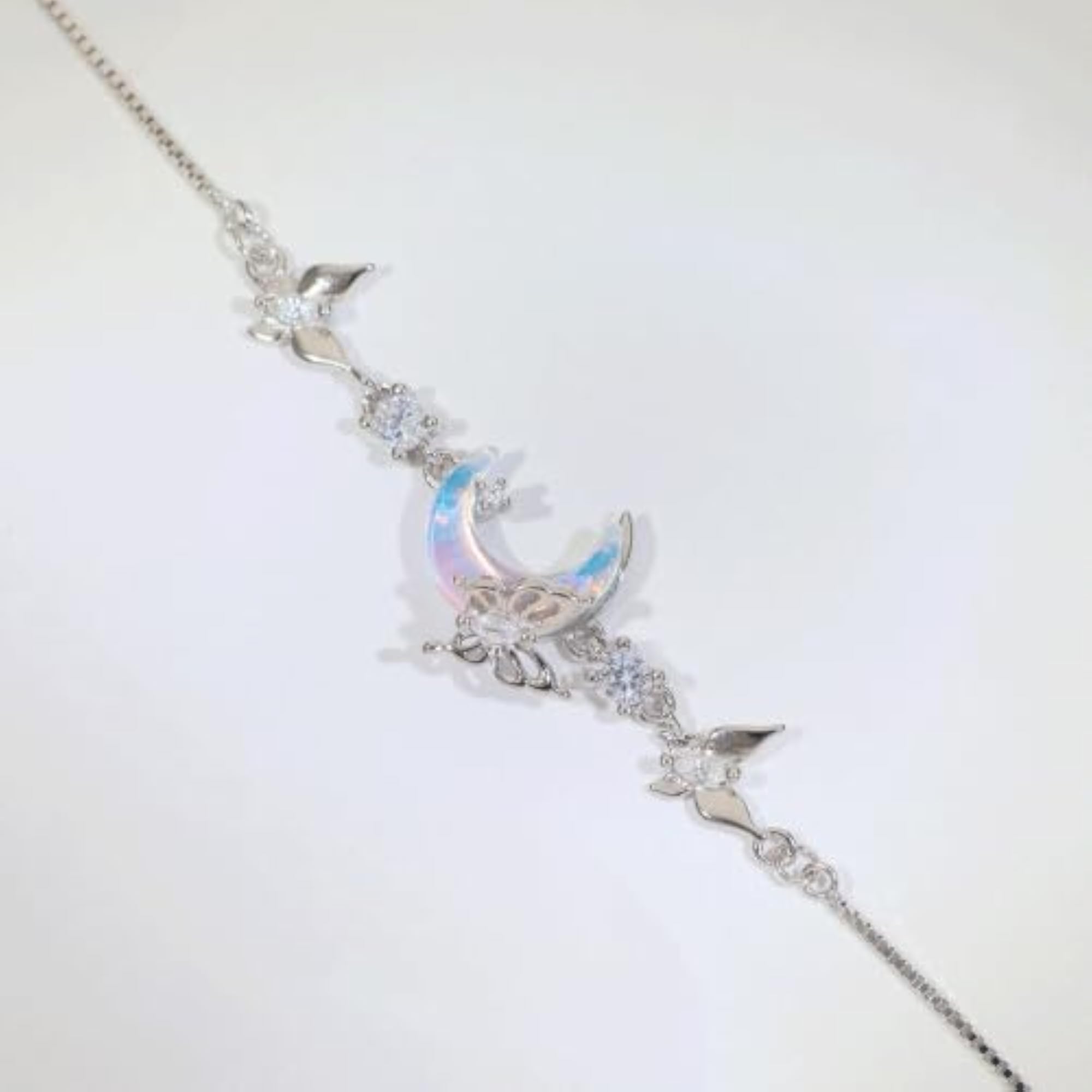925 Sterling Silver Crescent Moon Bracelet with Butterfly Charms