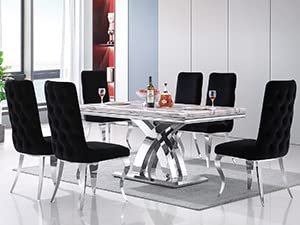 Auz 7-Piece Dining Table Set, Grey And Silver Dining Table With Polished Stainless Steel Double X Base And Black Velvet Dining Chairs With Metal Legs (Dining Table + 6 Black Dining Chair) #TOP1