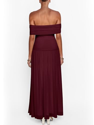 Image of MASCOMODA Women Off The Shoulder Mesh Maxi Dress Bodycon Ruched Formal Sleeveless Pleated Cocktail Wedding Guest Long Dresses