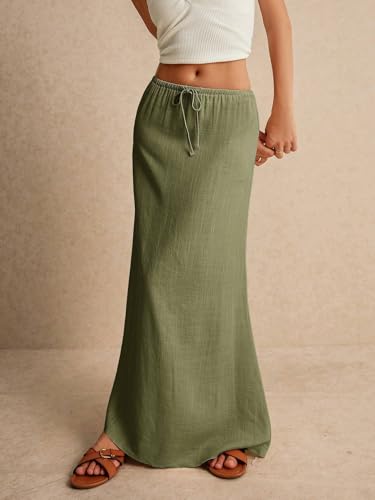 EARKOHA 2025 Women's Summer Maxi Skirt Drawstring Low Waist A Line Linen Long Flowy Skirts Olive Green M2