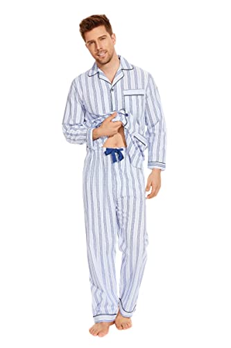 Image of GLOBAL Mens Pajamas Set, 100% Cotton Woven Drawstring Sleepwear Set with Top and Pants /Bottoms
