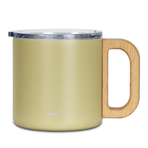 LUMAI Caneca Térmica Vietnã 350ml Aço Inoxidável, Parede Dupla Isolada a Vácuo, Mantém Bebidas Quentes ou Frias por Horas, Tampa Vedada Antivazamento, Alça de Madeira – Amarelo