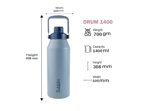Image of Dubblin Drum Water Bottle 1400 ML | Double Wall Vacuum Insulated Stainless Steel Bottle | Keeps Water Hot & Cold | No Sweat | Leak Proof | BPA Free (Blue)