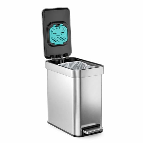 Home Zone Living 3 Gallon Small Trash Can with a Lid and Step Pedal, CleanAura, Odor Control, Stainless Steel with Slim Design for Home and Office, Silver, 10 Liters