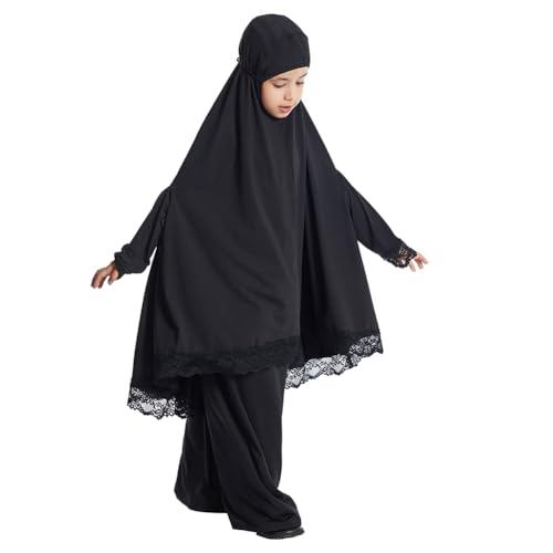 Kids Girls Abaya Muslim Full Cover Lace Hijab Dress Kaftan Dubai Islamic Prayer Dress, 2pcs Set3