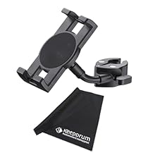 For smartphones and tablets (120-245 mm width) 360 degrees rotatable with ball joint Rubberised clamping jaws (scratch-free) Ideal for microphone stands Perfect for live performances studio/rehearsal room/with Keepdrum microfibre cloth
