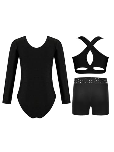 Oyolan 3Pcs Justaucorps Gymnastique Fille Enfant Leotard Manches Longues B Rose 9-10 ans – vue 2