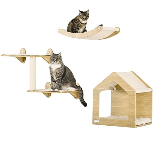 PawHut Estantes para Gatos de Pared 3 Piezas Juego de Estantes Escalada para Gatos con Caseta Hamaca Plataformas y Poste de Sisal Roble