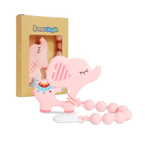 Image of Baby Food Grade Silicone Teether Toy with One Piece Design Pacifier Clip Holder,Teething Toys Gift Set for 3 Months+ Boys and Girls,Freezer Safe,BPA Free. (Pink Elephant)