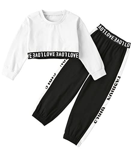 Image of Betusline Girls Clothing Sets, 2 Pieces Pullover Crop Sweatshirt + Running Pants Cropped Sweatsuit Tennis Clothes Set, Butterfly White Black, 9-10 Years