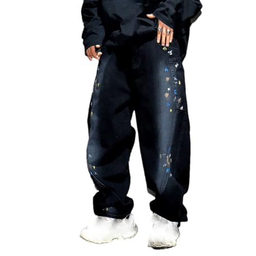 Men’S Hip Hop Hand-Painted Splash Baggy Straight Pants Button Fly Midweight Distressed Skateboard Full Length Jeans