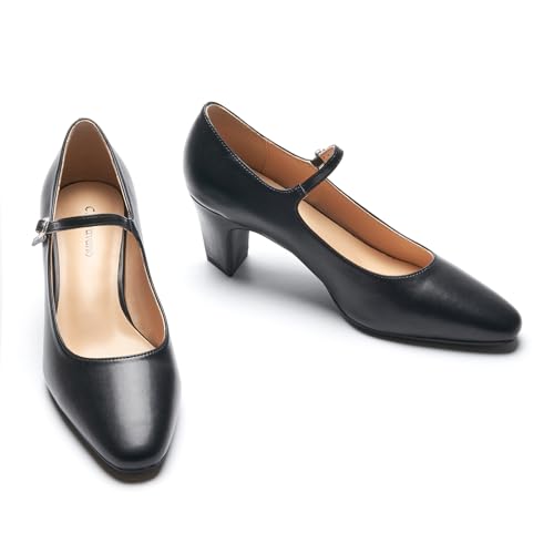 C.Paravano Women's Pumps Mary Jane Pumps Closed Almond Toe Block Heels Adjustable Strap Fashion Causal Party Shoes(Black,7.5)