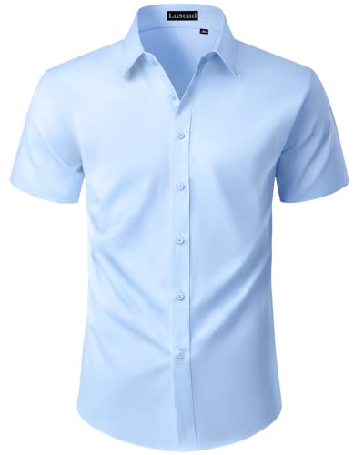 Lusead Light Blue Short Sleeve Button Up Men Stain Shield Dress Shirts