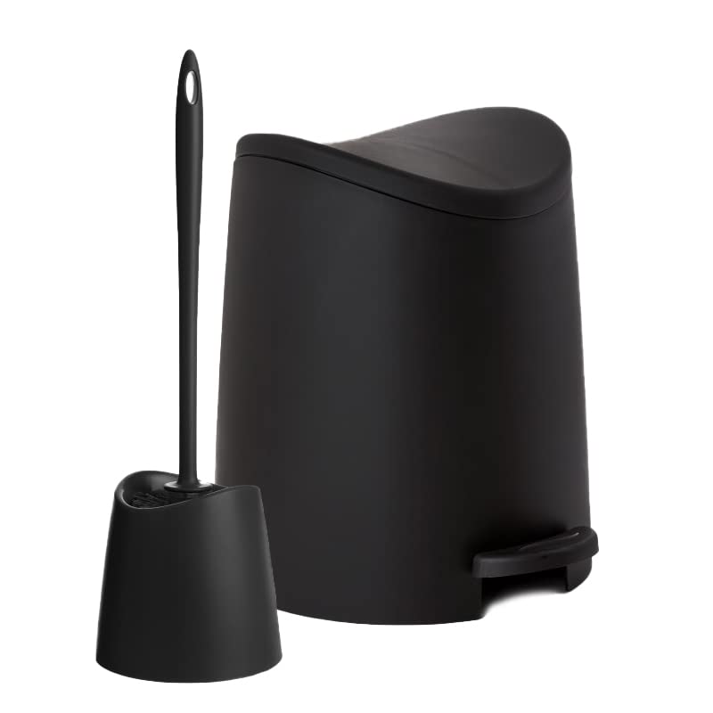 Image of Superio Small Plastic Bathroom Trash Can with Lid 3 Liter Modern Curved Step On Trash Can with Foot Pedal, Mini Kitchen Waste Bin, Durable and Soft Close for Bedroom, Office, Under Desk (Black-Set)