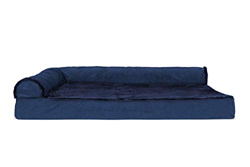 Image of Furhaven Cooling Gel Dog Bed for Large Dogs w / Removable Bolsters & Washable Cover, For Dogs Up to 95 lbs - Plush & Velvet L Shaped Chaise - Deep Sapphire, Jumbo /XL