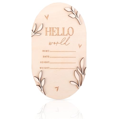 Baby Announcement Sign for Newborn, 5.9 Inch Hello World Wooden Newborn Sign Boys Girls Birth Announcement Board Welcome Name Plaques for New Baby Photo Prop Nursery Hospital