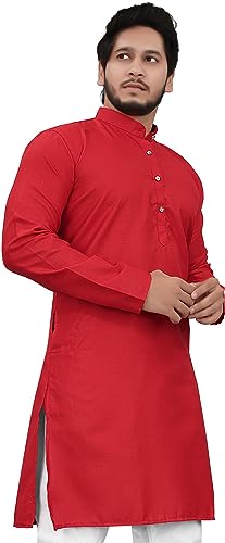 Image of Cotton Blend Full Sleeve Long Plain Kurta for Men