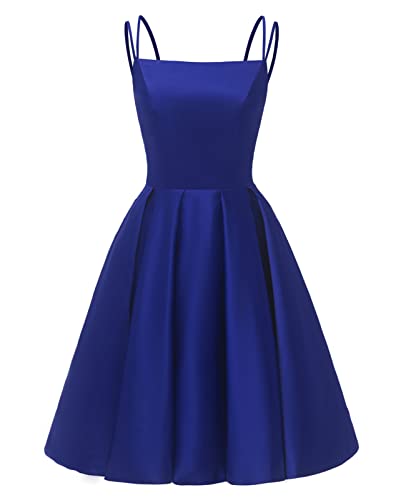 Image of Tianzhihe Satin Homecoming Dresses for Teens 2026 Spaghetti Straps A-line Square Neck Short Cocktail Party Dress with Pockets