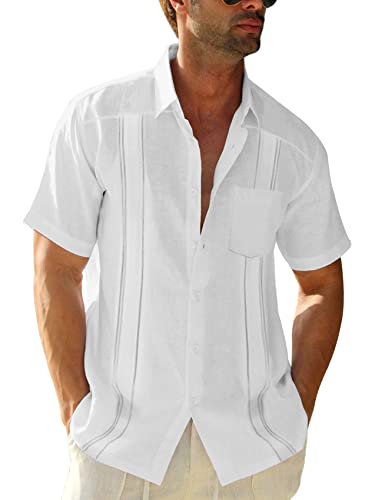 Makkrom Mens Short Sleeve Button Down Guayabera Shirt Cuban Camp Linen Lapel Hippie Casual Solid Beach Tops White #TOP25