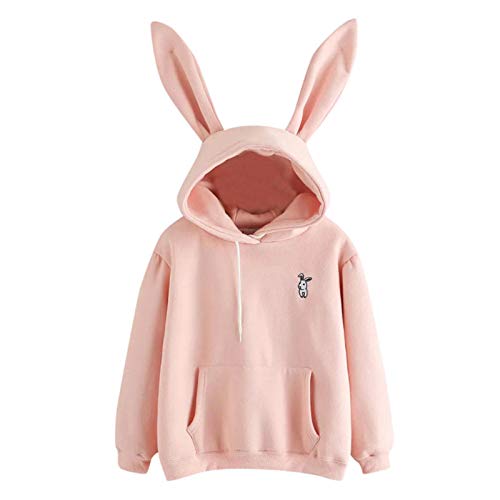 Femmes Sweat à Capuche de Forme Oreilles de Lapin Sweat-Shirt Décontracté Ample à Manches avec Broderie Lapin Mignonne de Couleur Unie Confortable de Quotidien Casual (Rose, M)