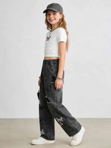 Image of Azmxynol Tween Girl Clothes Short Sleeve Top + Butterfly Design Jeans 2 Pieces Spring Summer Outfit Set, Size 6-16 Years