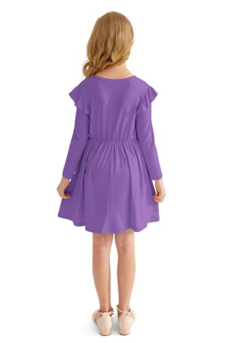 Girls' Long Sleeve Ruffle Trim Dresses Elastic Waist Knee Length Scoop Neck Casual Dress3