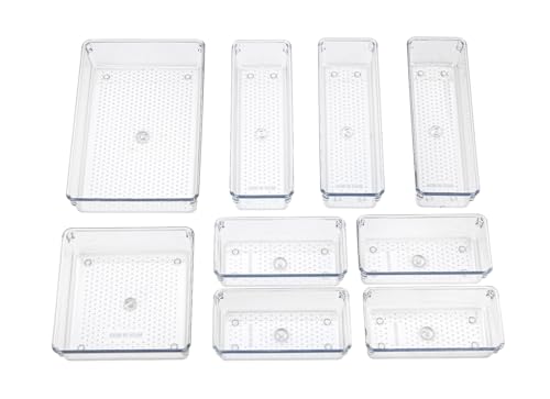 Image of UCRAVO 9Pcs Clear Plastic Drawer Organizer Set Clear Plastic Desk Drawer Dividers Trays Dresser Storage Bins Separation Box for Makeup, storage, jewelry and Gadgets, Bedroom, Bathroom, Office