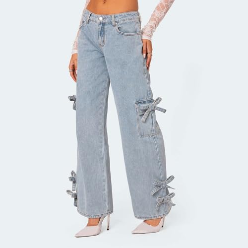 Women's Bow Cargo Jeans Wide Leg Denim Pants Low Rise Stretch Loose Boyfriend Jeans with Multi Pockets3