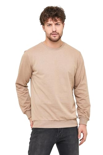 COMEOR Men's Sweatshirt, Plain Casual Jumper, Classic Crewneck Cotton Sweater Beige