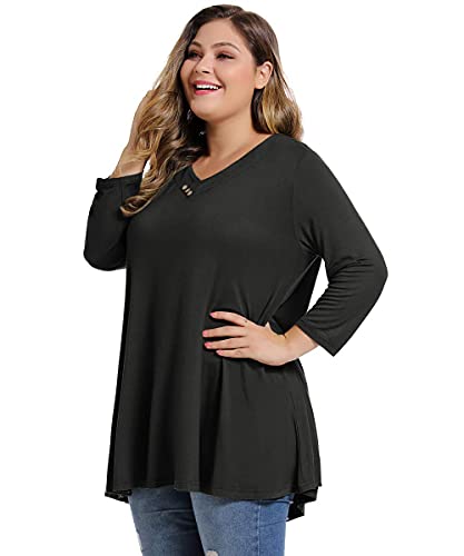 Monnuro Womens 3/4 Sleeve V Neck Plus Size Casual Loose Flowy Swing Tunic Tops Basic T Shirts Wearing With Leggings(Black,2X) #TOP2