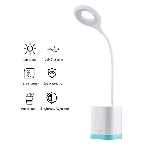 Preisvergleich Produktbild LED Schreibtischlampe, Dimmbar USB aufladbar Tischleuchte mit Touchbedienung, 3 Helligkeitsstufen, Einstellbare Schwanenhals Eye Caring Nachttischlampe mit Stifthalter, für Haus und Büro, Grün