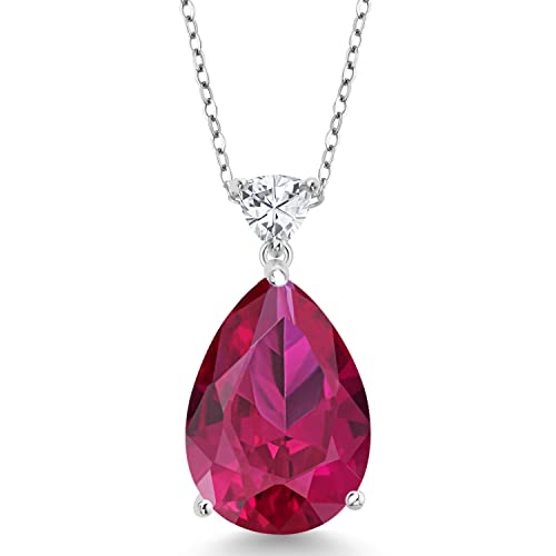 Gem Stone King 925 Sterling Silver Red Created Ruby Pendant Necklace For Women (13.77 Cttw, Pear Shape 18X13MM, with 18 Inch Chain)