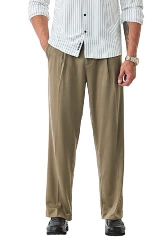 Image of SNITCH Men Casual Trousers | Loose Fit Pleated Front Plain Wide-Leg Style | Lightweight Polyester Blend Medium-Stretch Fabric for Summer & All-Day Comfort Wear