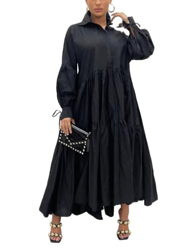 Image of Women's Long Sleeve Maxi Shirt Dress Elegant Button Down Loose Swing Party Dress