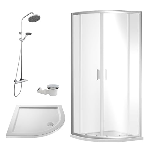 Balterley Quadrant Shower Enclosure with Quadrant Tray, Waste & Thermostatic Shower Kit, 6mm Toughened Safety Glass Door, Bar Handle Sliding Glass Door, Round Showerhead & Handset (Chrome)