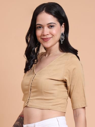Image of Yash Gallery Women's Stretchable Rayon Lycra V-Neck Short Sleeve Front Open with Hook Stylish Crop Blouse Top for Ethnic Beige Designer Festive Choli Blouse