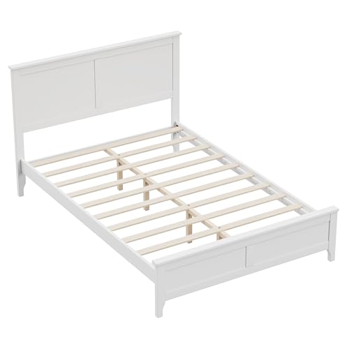 Image of Harper & Bright Designs Full Size Modern Platform Bed Frame, Solid Wood Platform Bed Frame with Headboard, Wood Slat Support, No Box Spring Needed, for Living Room, White