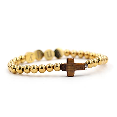 Image of Uloveido Black Agate Side Cross Bracelet Mustard Seed Charms, Personalized Letter A-Z Tiger's Eye Bangle Y944