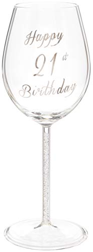 Maturi Happy 21st Birthday Wine Glass with Silver Diamond Stem - 400ml / 13.5 Fluid Ounces