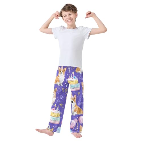 Corgi Dog Birthday Cake Print Boys Long Pants Soft Trousers Elastic Waist Kids Lounge Bottoms with Pockets S-XL3