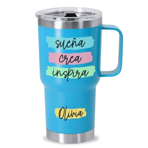 DEREGALOOS. Taza Térmica Personalizada con Nombre. Termo Personalizado con Frases Motivadoras. Acero Inoxidable Reciclado. Termo con Asa y Dosificador para Oficina y Gimnasio (Azul Claro - Frase 1)