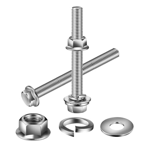 M10 x 35mm Flanged Hex Head Bolts, Nuts, Flat &amp; Lock Washers, 10Pcs 18-8 (304) Stainless Steel, Fully Threaded, by SG TZH