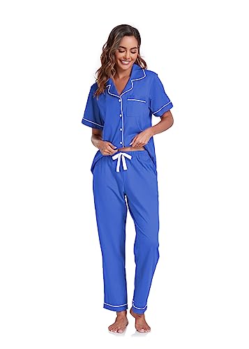 Image of COLORFULLEAF Women's 100% Cotton Pajamas Set Button Down Sleepwear Short Sleeve Shirt and Long Pants Soft Ladies Lounge Sets