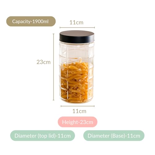 Image of Nestasia Glass Jars for Kitchen Storage Set of 4 (1.9L Each) - Square Textured Food-Safe Transparent Jars with Airtight Lid | Perfect for Kitchen Pantry, Pickles, Pulses, Dry Fruits & Snacks Storage