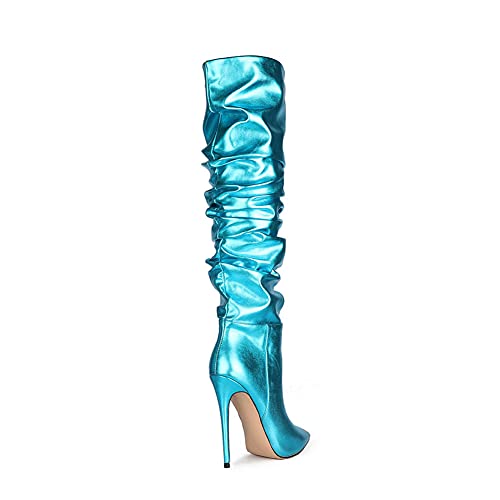 UP2STEP Women Fashion Slouchy Knee High Boots Pointed Toe High Heel Thigh High Boot Patent Mirror Stiletto Shoes4