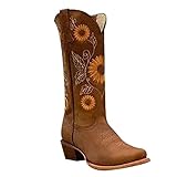 Cowboy Boots for Women Sunflower Embroidery Stitched Square Toe Low Heel Boot Mid-Calf Cowgirl Western Boots Ladies Pointy Toe Fashion Boots Khaki Brown Coffee US 5-10.5